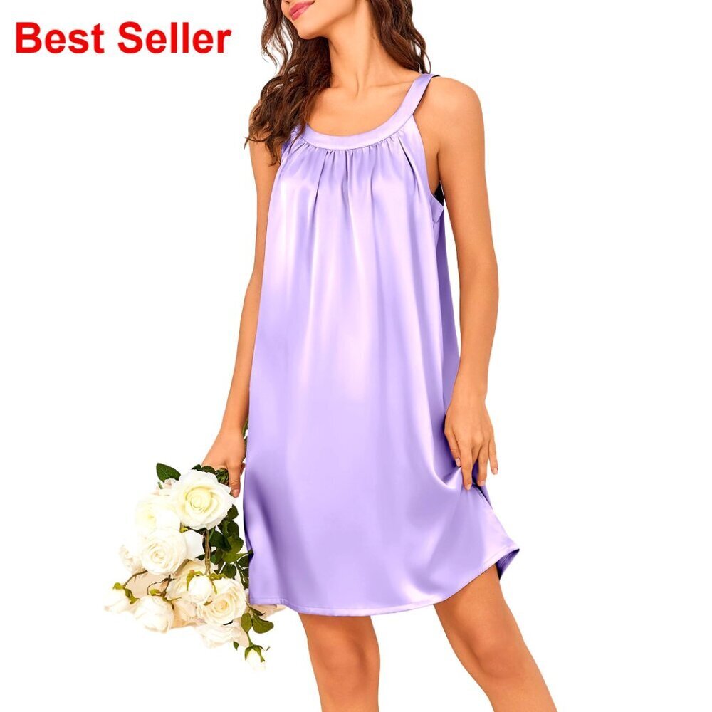 Silky Satin Nightgown Sleeveless Pleated Sleepshirt Casual Dress S-3XL